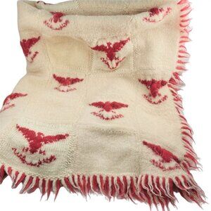 Vintage Wool Throw Blanket Red Patriotic Eagles Fringed 44 x 38  RARE u